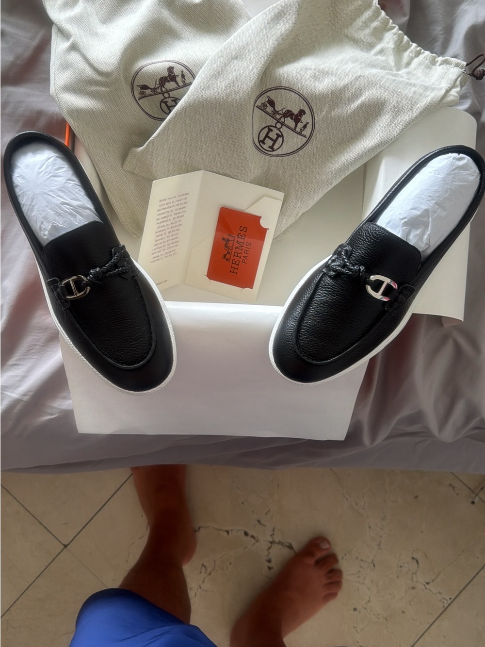 Hermes Black Leather Slip-On Loafers with Silver Buckle
